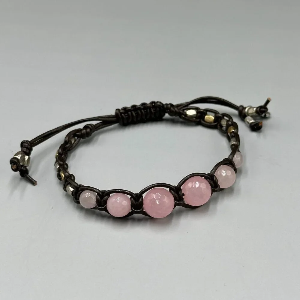 Lucky Brand Pink Rose Quartz Beaded Brown Leather Bracelet Adjustable Cord